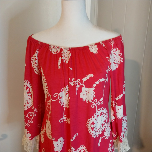 2 B Together Pink Mini Dress S Off Shoulder Crochet Flutter Sleeve / #3102 - Picture 5 of 8